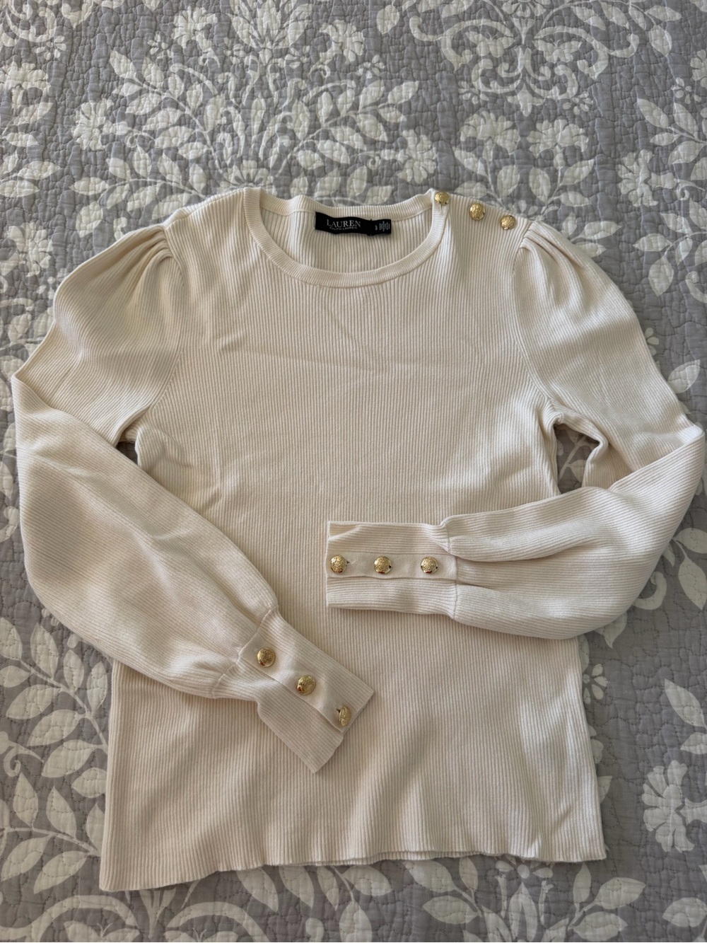 Ralph Lauren Cream Ribbed Sweater with Gold Button Accents
